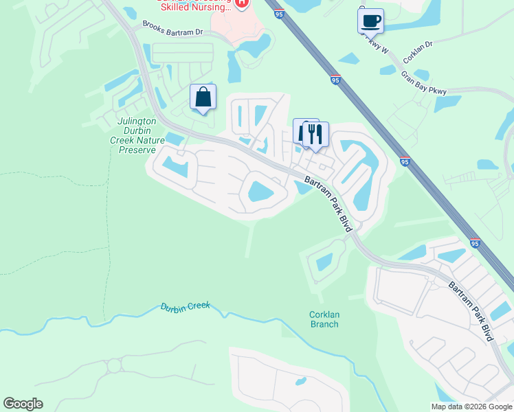 map of restaurants, bars, coffee shops, grocery stores, and more near 6554 White Blossom Circle in Jacksonville