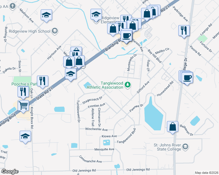 map of restaurants, bars, coffee shops, grocery stores, and more near 1278 Independence Drive in Orange Park