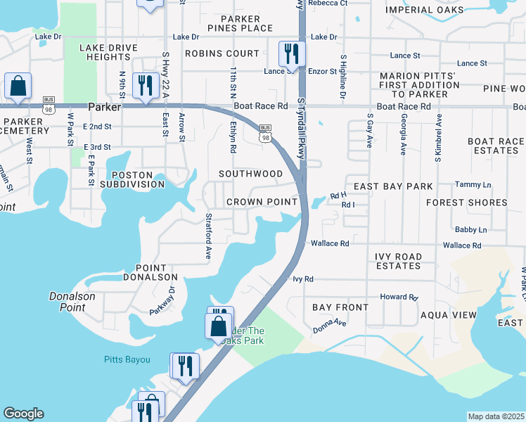 map of restaurants, bars, coffee shops, grocery stores, and more near 5306 Soule Drive in Panama City