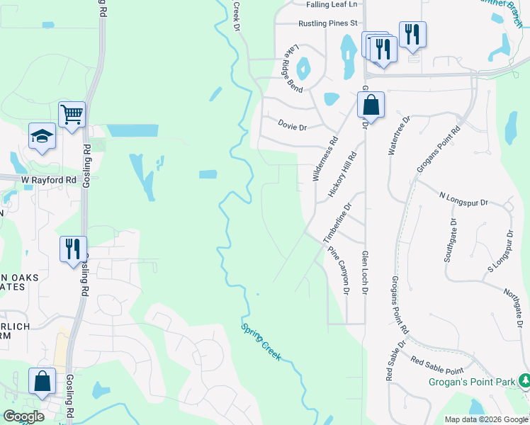 map of restaurants, bars, coffee shops, grocery stores, and more near Hidden Lake Road in Spring