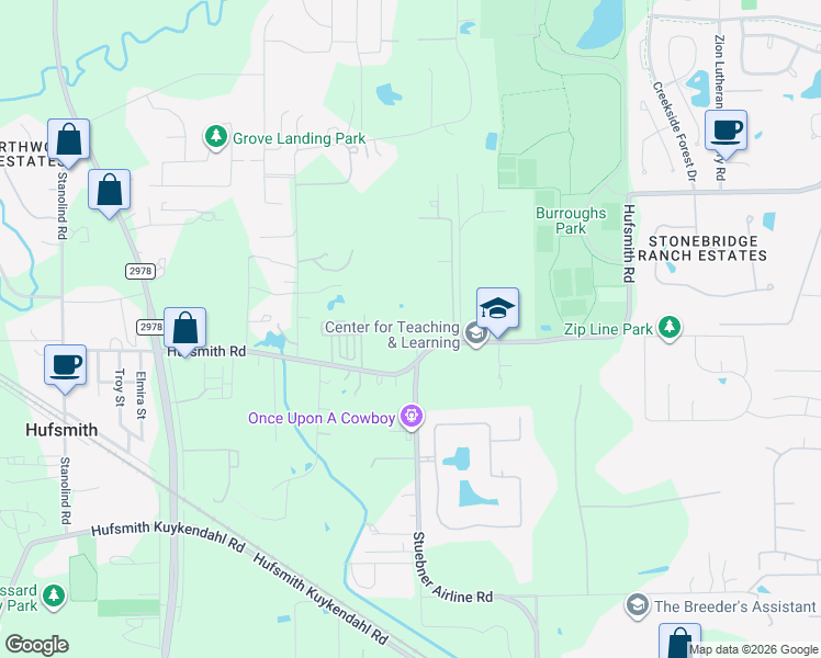 map of restaurants, bars, coffee shops, grocery stores, and more near 10618 Hufsmith Road in Tomball