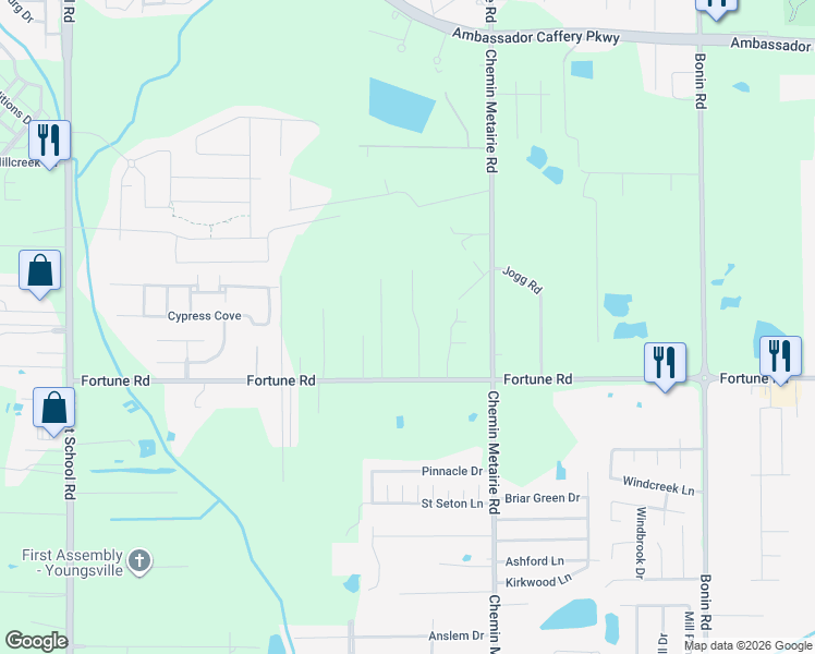 map of restaurants, bars, coffee shops, grocery stores, and more near 115 Rue Obrey in Youngsville