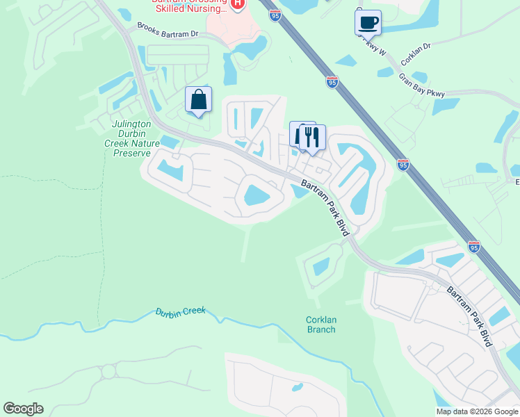 map of restaurants, bars, coffee shops, grocery stores, and more near 6554 White Blossom Circle in Jacksonville