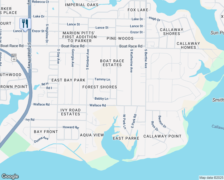 map of restaurants, bars, coffee shops, grocery stores, and more near 1141 Tammy Lane in Panama City