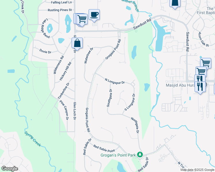 map of restaurants, bars, coffee shops, grocery stores, and more near 2 Southgate Drive in Spring