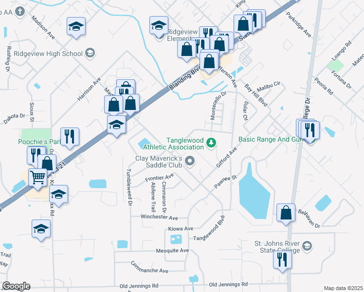 map of restaurants, bars, coffee shops, grocery stores, and more near 1286 Independence Drive in Orange Park