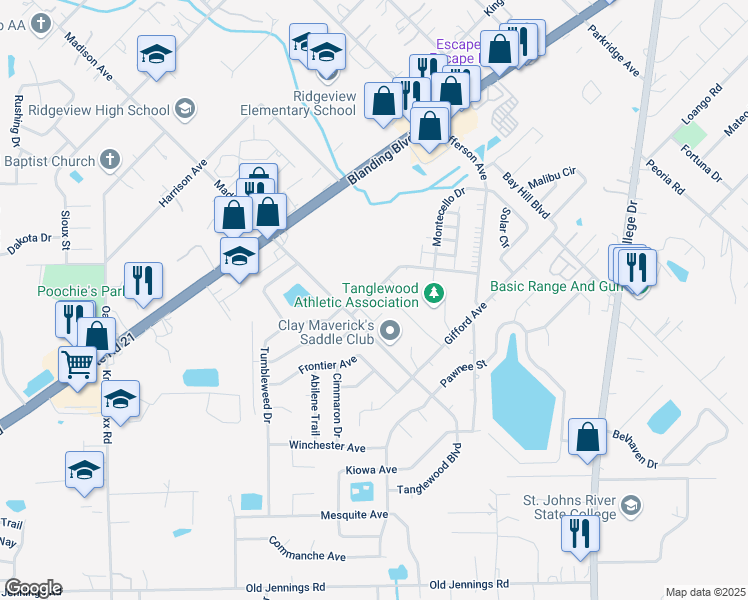 map of restaurants, bars, coffee shops, grocery stores, and more near 1286 Independence Drive in Orange Park