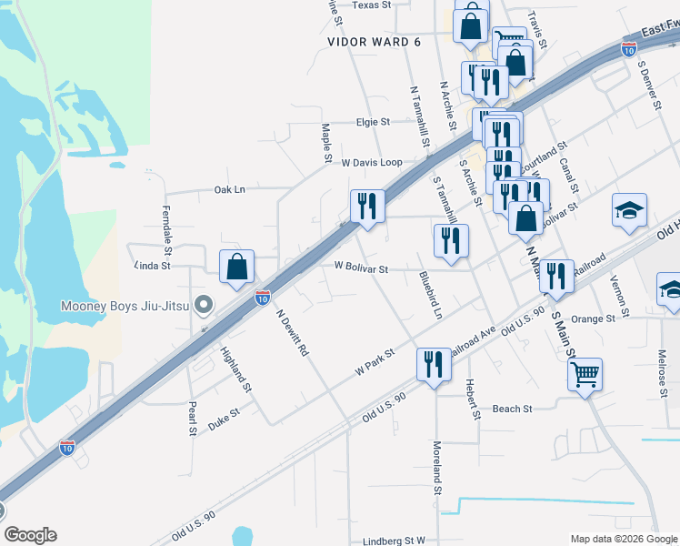 map of restaurants, bars, coffee shops, grocery stores, and more near 21441 Interstate 10 in Vidor