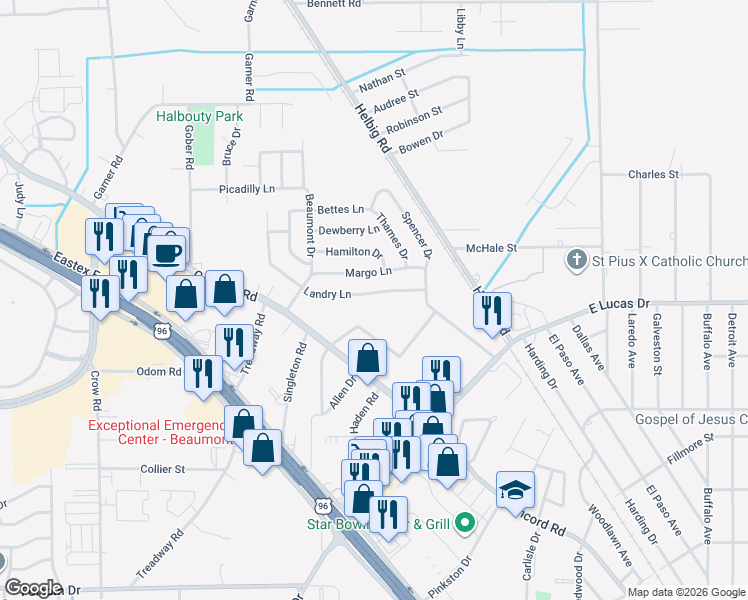 map of restaurants, bars, coffee shops, grocery stores, and more near 5334 Landry Lane in Beaumont