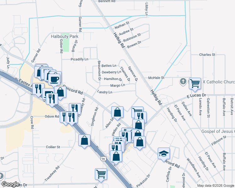 map of restaurants, bars, coffee shops, grocery stores, and more near 5334 Landry Lane in Beaumont
