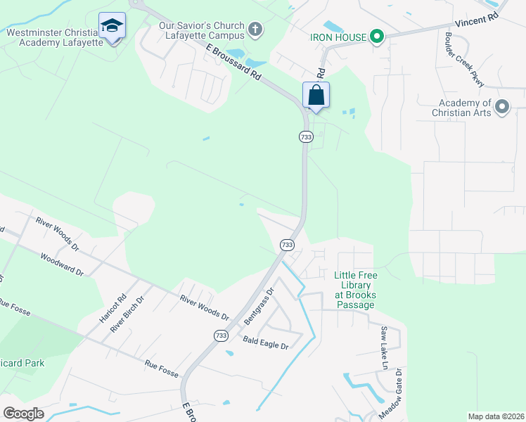 map of restaurants, bars, coffee shops, grocery stores, and more near 118 Rougeau Road in Lafayette