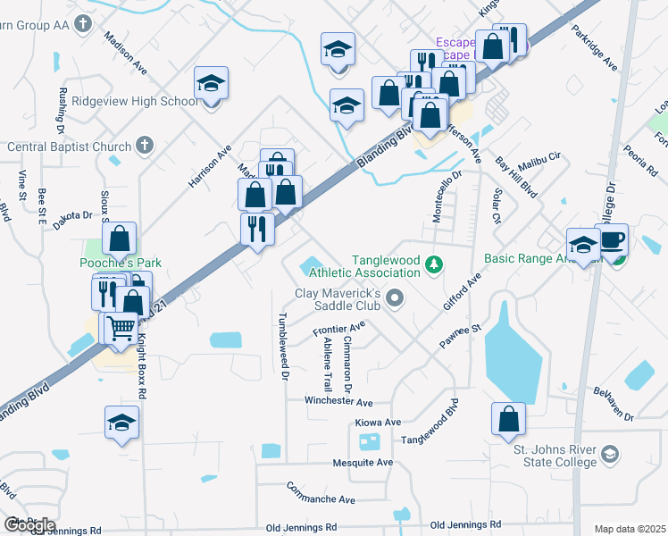 map of restaurants, bars, coffee shops, grocery stores, and more near 361 Tanglewood Boulevard in Orange Park