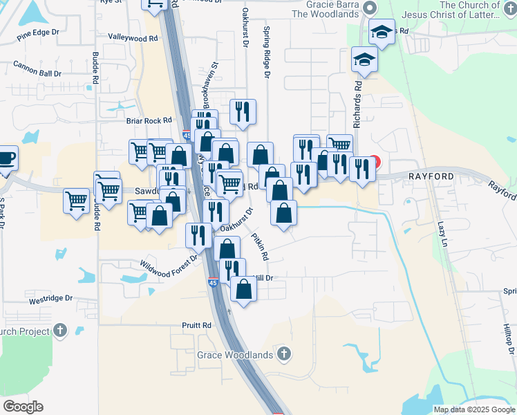 map of restaurants, bars, coffee shops, grocery stores, and more near 25021 Spring Ridge Drive in Spring