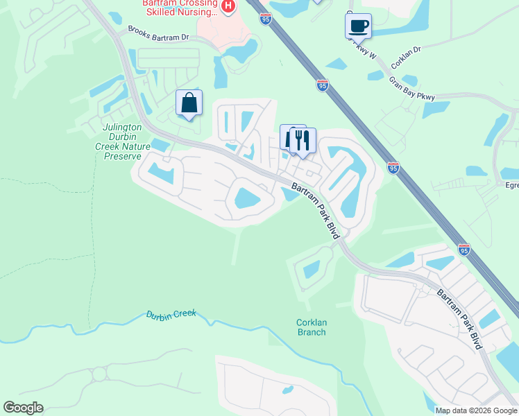 map of restaurants, bars, coffee shops, grocery stores, and more near 6500 White Blossom Circle in Jacksonville