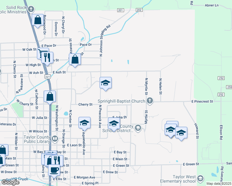 map of restaurants, bars, coffee shops, grocery stores, and more near 900 North Johnson Stripling Road in Perry