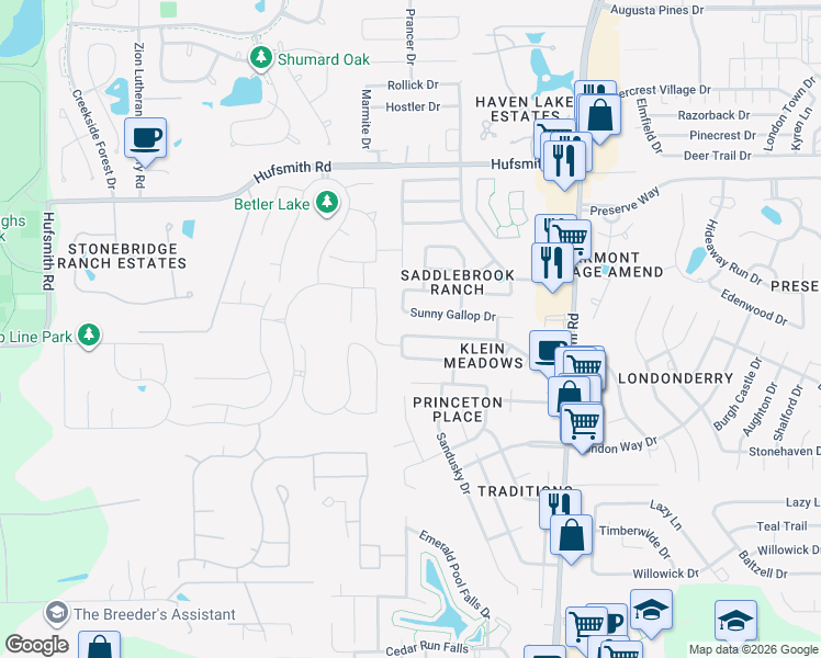 map of restaurants, bars, coffee shops, grocery stores, and more near 25446 Barmby Drive in Tomball