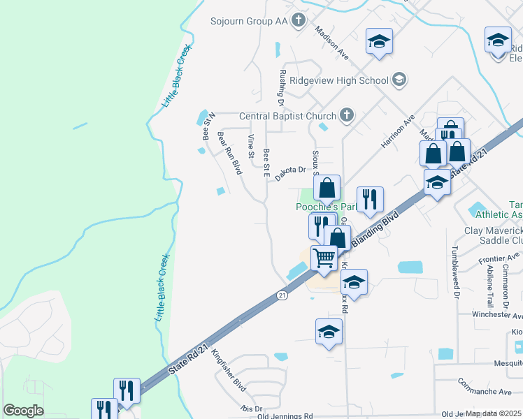 map of restaurants, bars, coffee shops, grocery stores, and more near 1350 Bear Run Boulevard in Orange Park