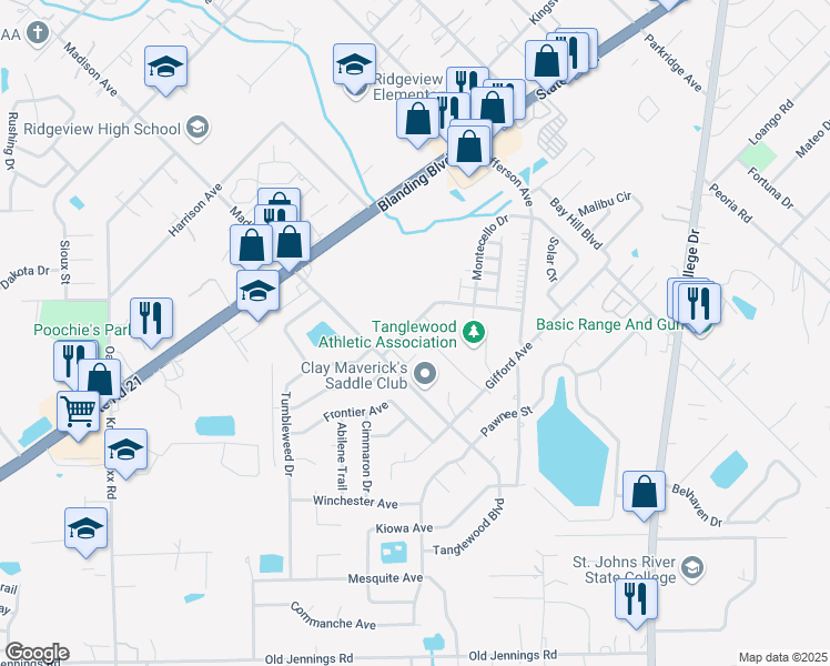 map of restaurants, bars, coffee shops, grocery stores, and more near 1286 Independence Drive in Orange Park