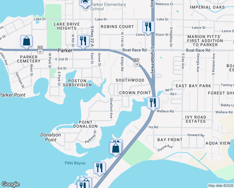 map of restaurants, bars, coffee shops, grocery stores, and more near 5127 Thornton Lane in Panama City