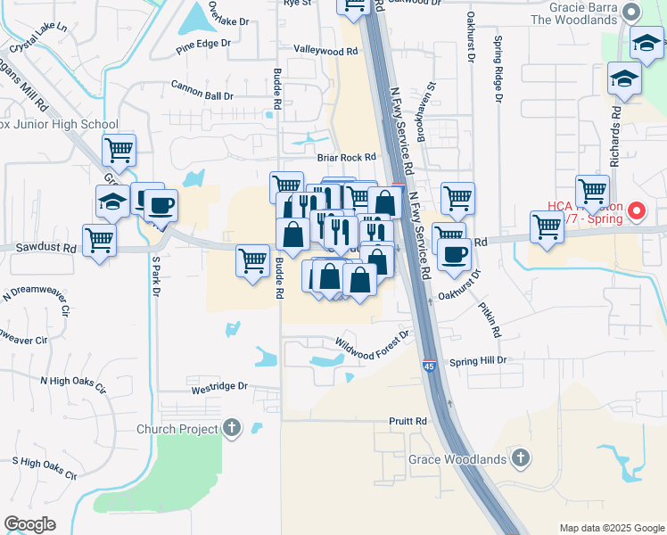map of restaurants, bars, coffee shops, grocery stores, and more near 309 Sawdust Road in Spring