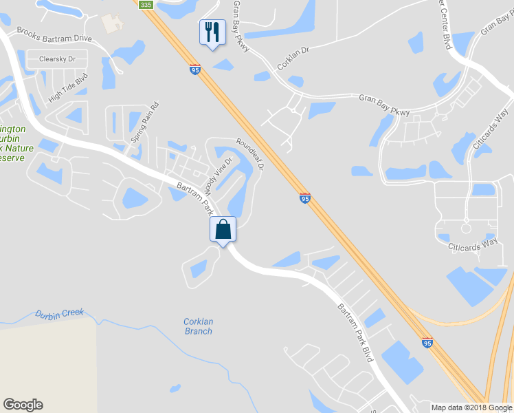 map of restaurants, bars, coffee shops, grocery stores, and more near 7019 Roundleaf Drive in Jacksonville