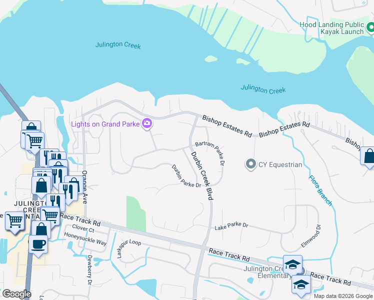 map of restaurants, bars, coffee shops, grocery stores, and more near 448 Crescent Pond Drive in Jacksonville
