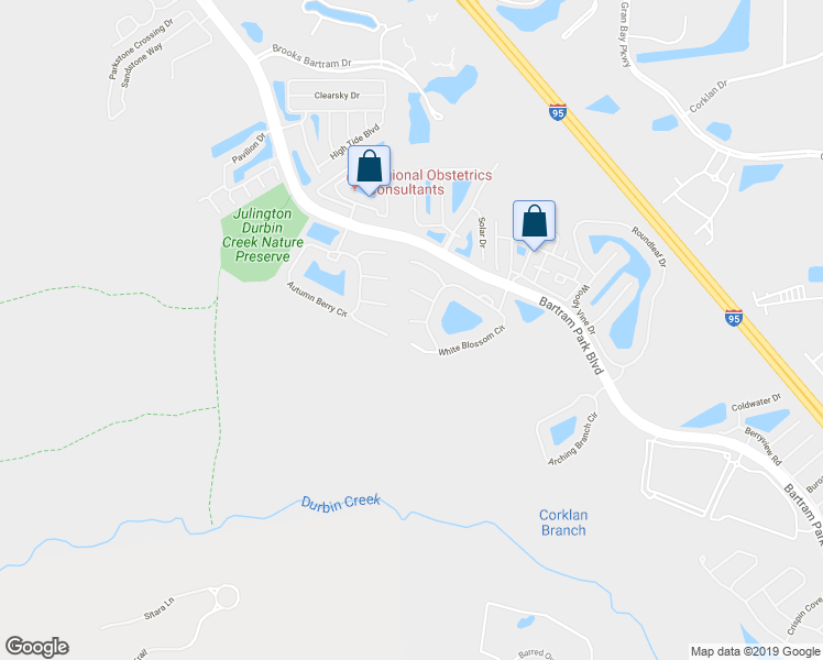 map of restaurants, bars, coffee shops, grocery stores, and more near 6618 Spring Flower Court in Jacksonville