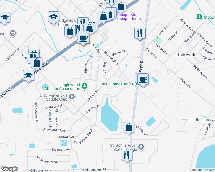 map of restaurants, bars, coffee shops, grocery stores, and more near 1437 Mesa Court in Orange Park