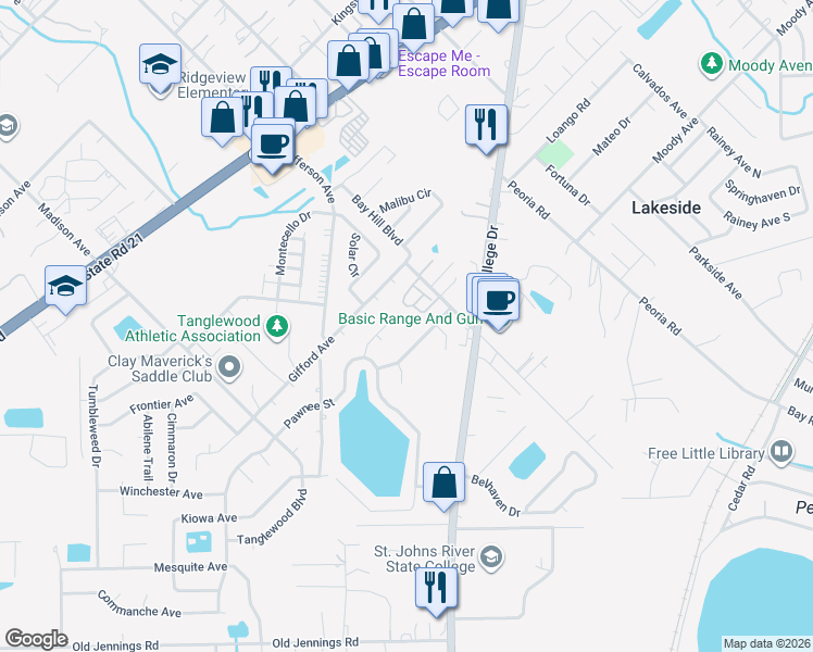 map of restaurants, bars, coffee shops, grocery stores, and more near 2824 Derringer Court in Orange Park