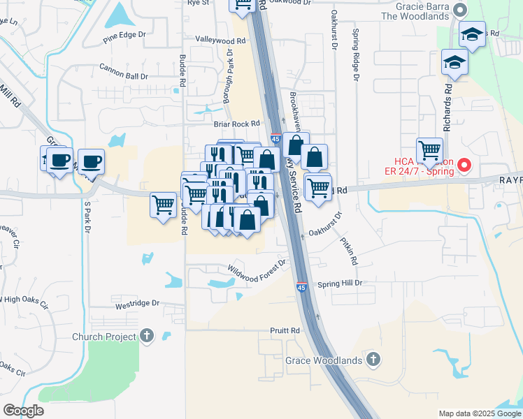 map of restaurants, bars, coffee shops, grocery stores, and more near 127 Sawdust Road in Spring