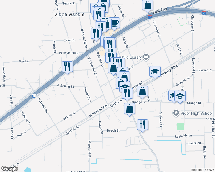 map of restaurants, bars, coffee shops, grocery stores, and more near in Vidor
