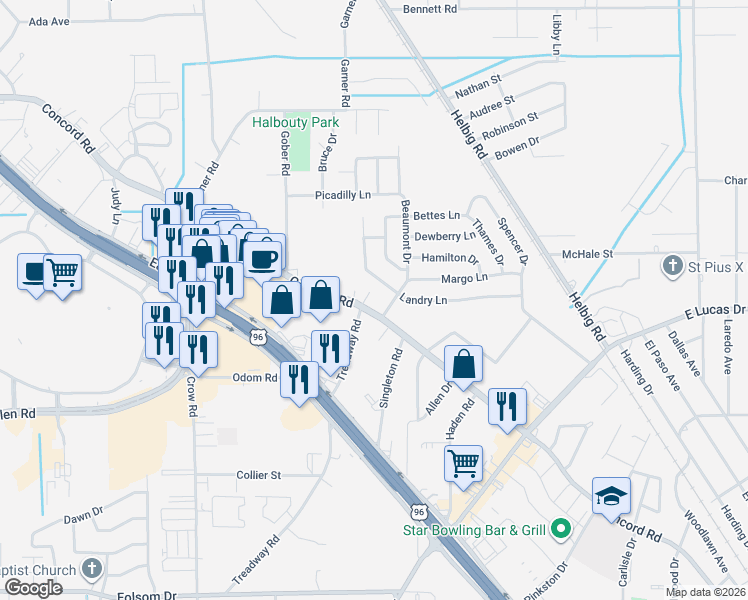 map of restaurants, bars, coffee shops, grocery stores, and more near 5520 Concord Road in Beaumont