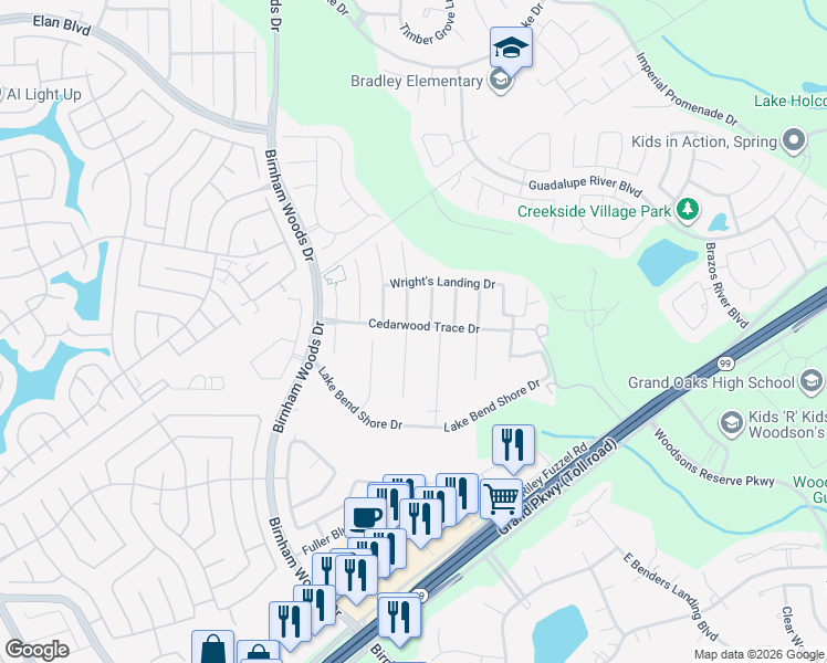 map of restaurants, bars, coffee shops, grocery stores, and more near 29499 Westhope Drive in Spring