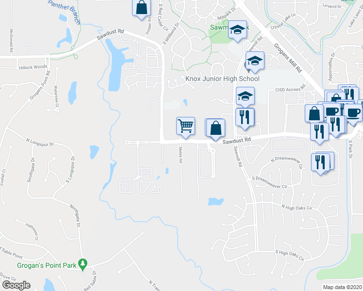 map of restaurants, bars, coffee shops, grocery stores, and more near 1718 Sawdust Road in The Woodlands