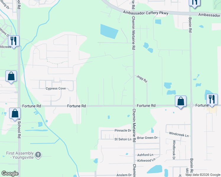 map of restaurants, bars, coffee shops, grocery stores, and more near 115 Rue Obrey in Youngsville