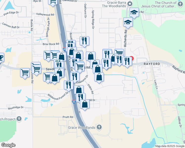 map of restaurants, bars, coffee shops, grocery stores, and more near 25021 Spring Ridge Drive in Spring