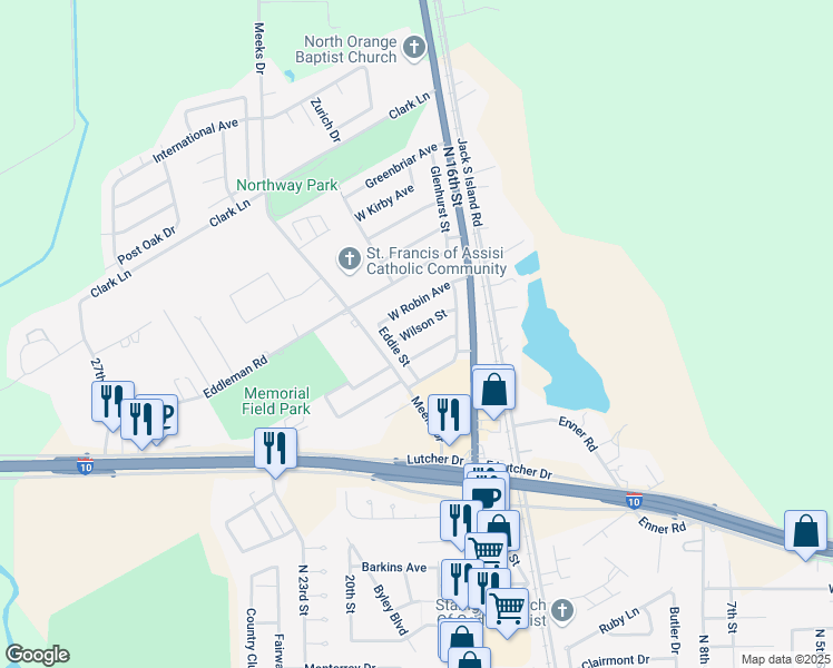 map of restaurants, bars, coffee shops, grocery stores, and more near 1915 Wilson Street in Orange