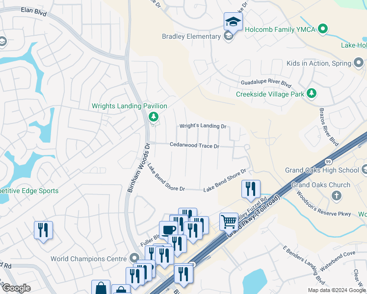 map of restaurants, bars, coffee shops, grocery stores, and more near 29499 Westhope Drive in Spring