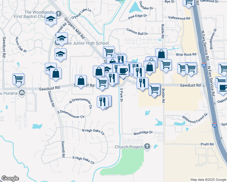 map of restaurants, bars, coffee shops, grocery stores, and more near 1021 Sawdust Road in The Woodlands