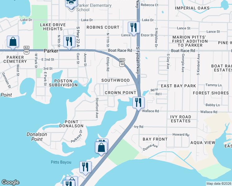 map of restaurants, bars, coffee shops, grocery stores, and more near 5301 Soule Drive in Panama City