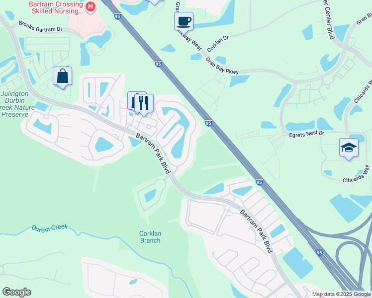 map of restaurants, bars, coffee shops, grocery stores, and more near 7016 Roundleaf Drive in Jacksonville
