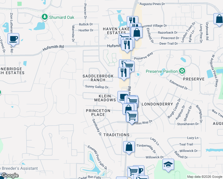 map of restaurants, bars, coffee shops, grocery stores, and more near 8607 Sunny Gallop Drive in Tomball