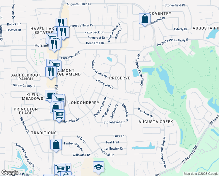 map of restaurants, bars, coffee shops, grocery stores, and more near 8127 Edenwood Drive in Spring