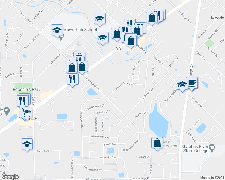 map of restaurants, bars, coffee shops, grocery stores, and more near 1281 Independence Drive in Orange Park
