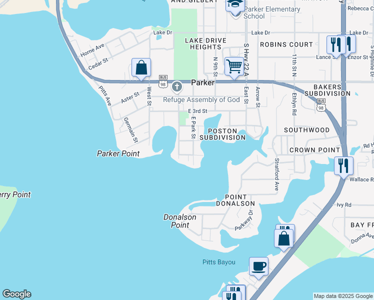 map of restaurants, bars, coffee shops, grocery stores, and more near 4705 East 6th Street East in Panama City