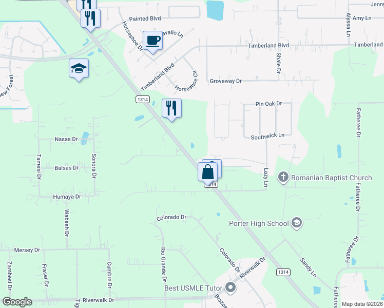 map of restaurants, bars, coffee shops, grocery stores, and more near 22315 Farm to Market Road 1314 in Porter