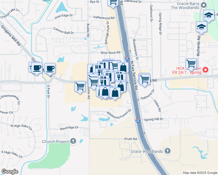 map of restaurants, bars, coffee shops, grocery stores, and more near 309 Sawdust Road in Spring