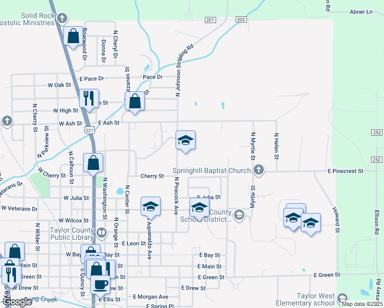 map of restaurants, bars, coffee shops, grocery stores, and more near 900 North Johnson Stripling Road in Perry