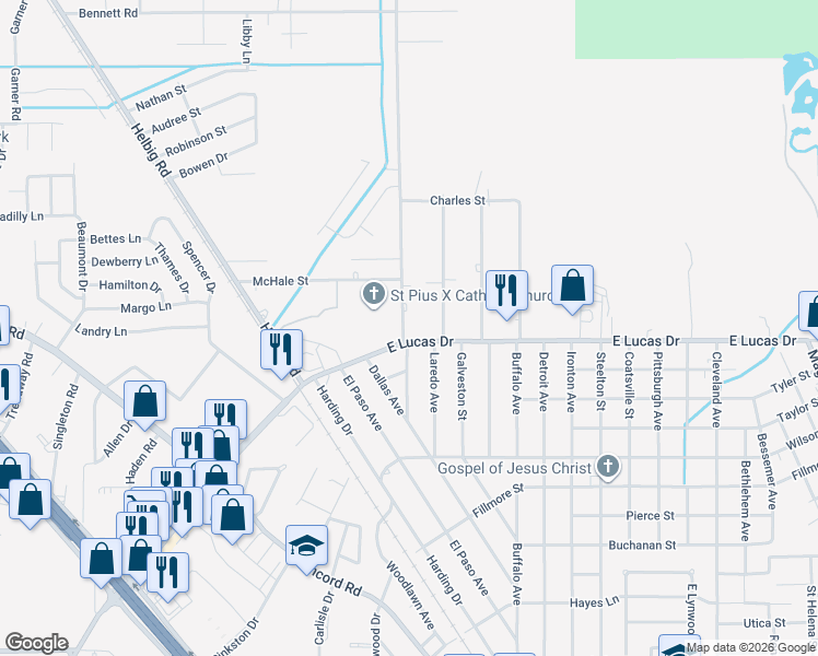 map of restaurants, bars, coffee shops, grocery stores, and more near 3288 East Lucas Drive in Beaumont