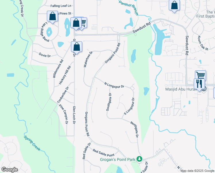 map of restaurants, bars, coffee shops, grocery stores, and more near 2 Southgate Drive in Spring